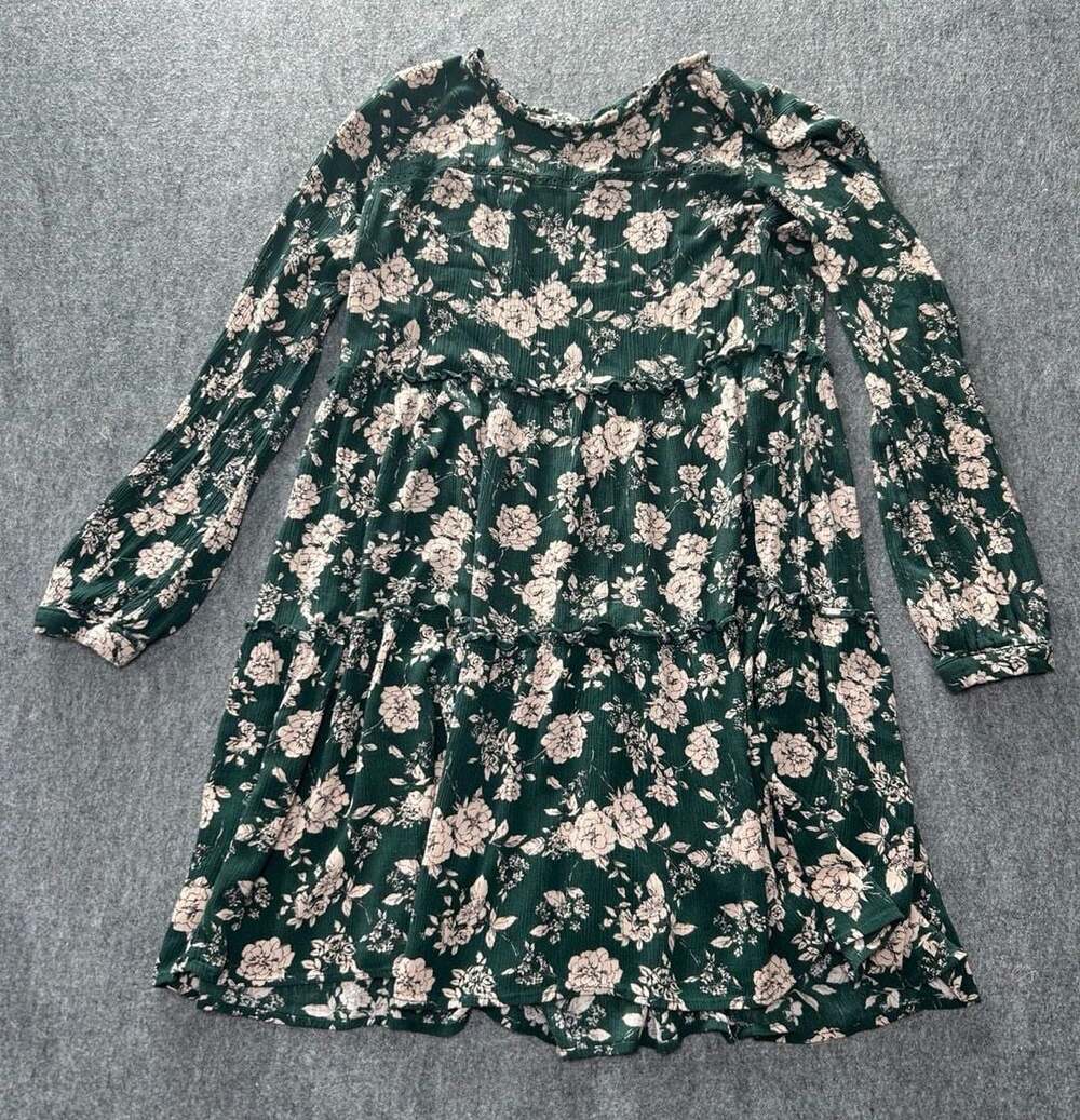 Knox Rose Green Tan Floral Boho Babydoll Tiered Dress Womens Size Small